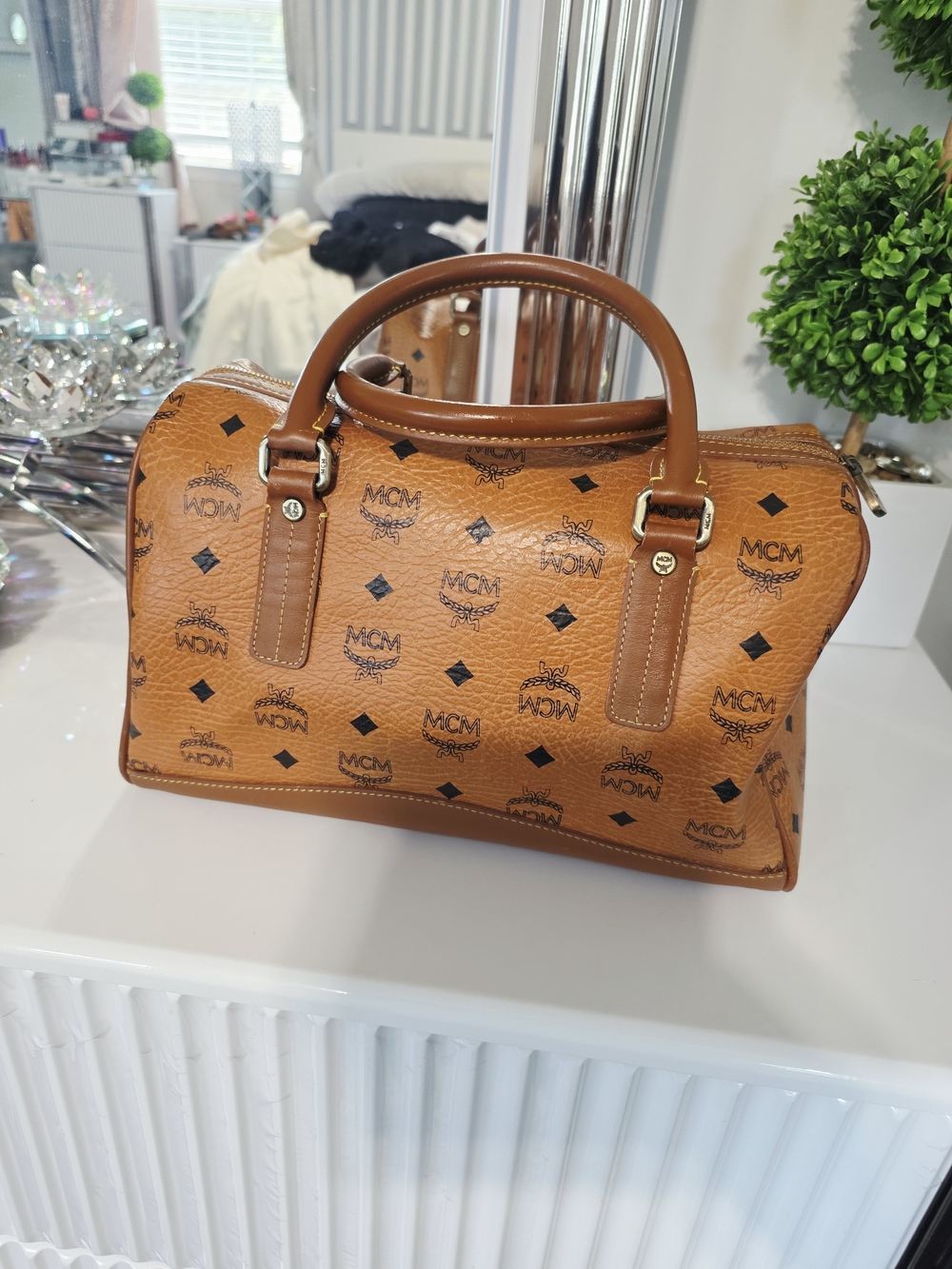 Authentic MCM Cognac Visetos Boston Tote Bag - Picture 2 of 9